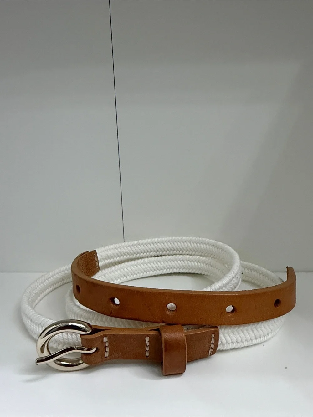 GAP Women’s White Rope Belt with Brown Leather Trim size L